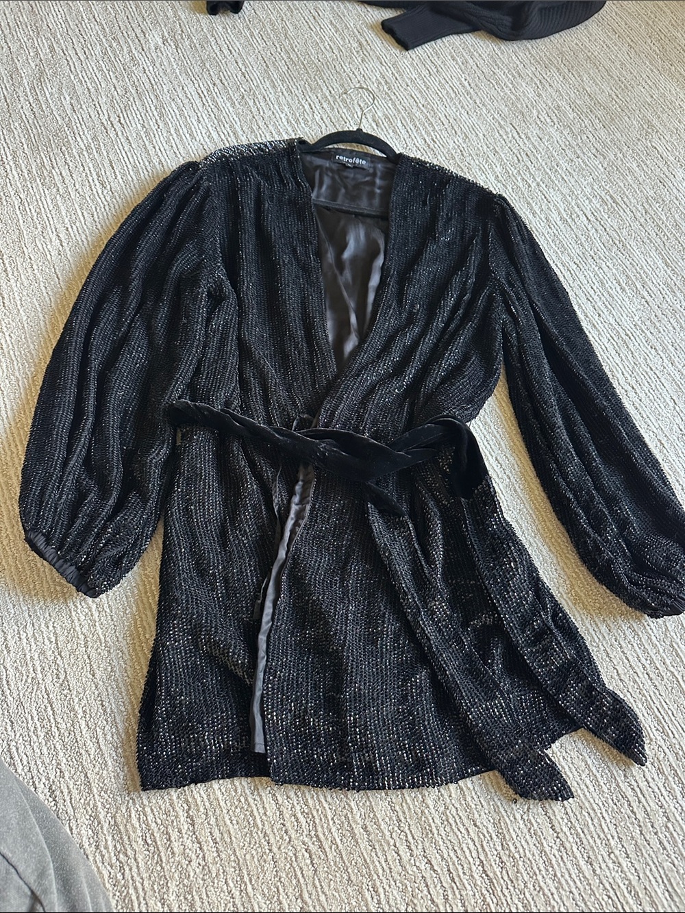 Retrofete Black Sparkle Velvet-Trim Wrap Dress